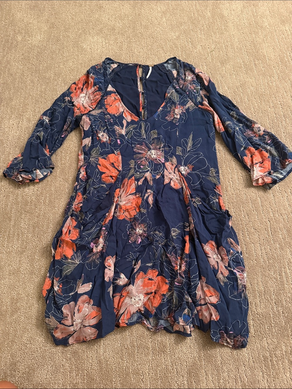 Free People Navy Floral Long Sleeve V-Neck Dress with Coral Blooms